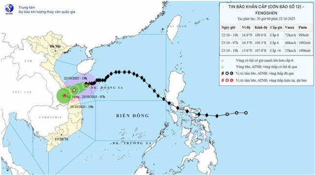 Tin bão khẩn cấp - Cơn bão số 12 (Tin phát lúc 20h00 ngày 22/10/2025)