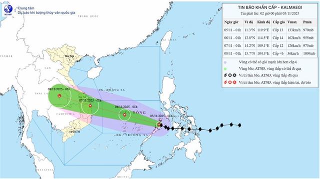 Tin bão khẩn cấp - Cơn bão KALMAEGI (Tin phát lúc 02h00 ngày 05/11/2025)