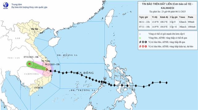Tin bão trên đất liền - Cơn bão số 13 (Tin phát lúc 23h00 ngày 06/11/2025)