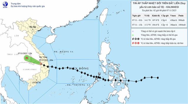 Tin áp thấp nhiệt đới trên đất liền - suy yếu từ cơn bão số 13 (Tin phát lúc 02h00 ngày 07/11/2025)