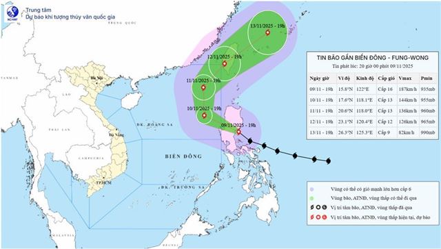 Tin bão gần biển Đông - Cơn bão FUNG-WONG (Tin phát lúc 20h00 ngày 09/11/2025)