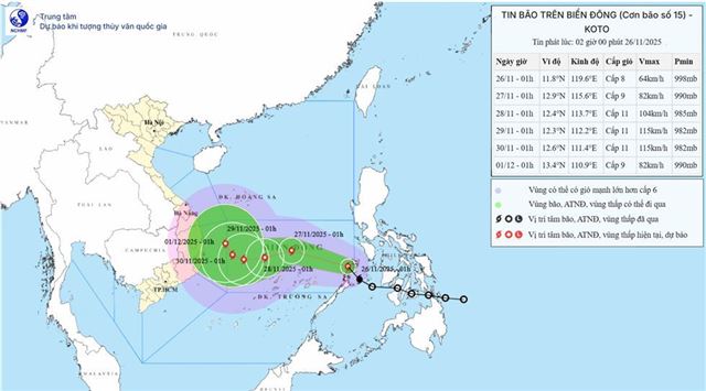 Tin bão trên biển Đông - Cơn bão số 15 (Tin phát lúc 02h00 ngày 26/11/2025)