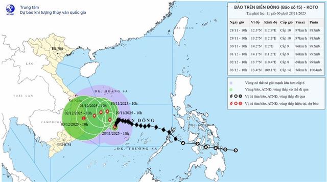 Tin bão trên biển Đông - Cơn bão số 15 (Tin phát lúc 11h00 ngày 28/11/2025)