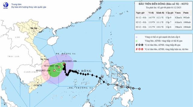 Tin bão trên biển Đông - Cơn bão số 15 (Tin phát lúc 02h00 ngày 01/12/2025)