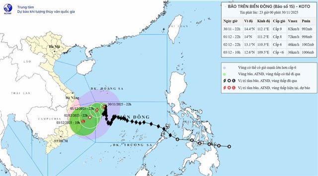 Tin bão trên biển Đông - Cơn bão số 15 (Tin phát lúc 23h00 ngày 30/11/2025)