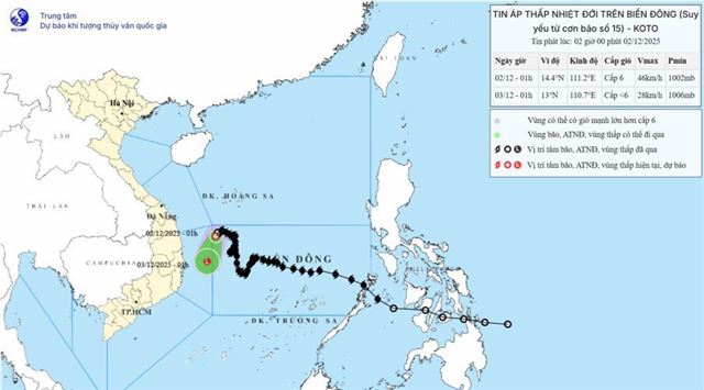 Tin áp thấp nhiệt đới trên biển Đông (Suy yếu từ cơn bão số 15) (Tin phát lúc 02h00 ngày 02/12/2025)