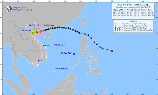 Tin dự báo gió mạnh, sóng lớn và mưa dông trên biển (Tin phát lúc 04h00 ngày 22/07/2025)