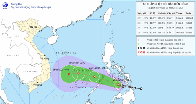 Tin áp thấp nhiệt đới gần biển Đông (Tin phát lúc 08h00 ngày 25/11/2025)