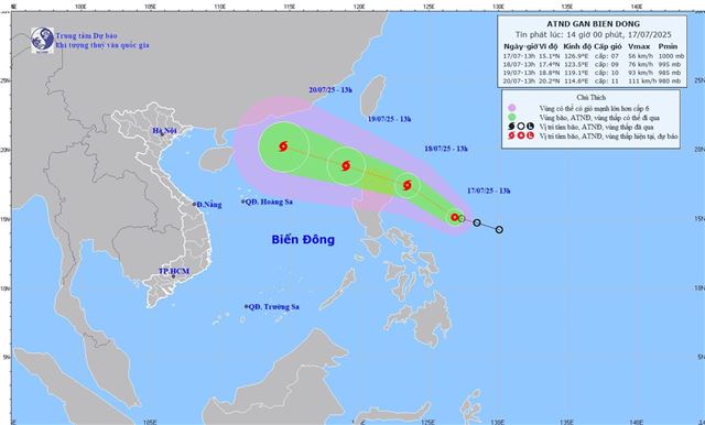 Tin áp thấp nhiệt đới trên biển Đông (Tin phát lúc 14h00 ngày 17/07/2025)