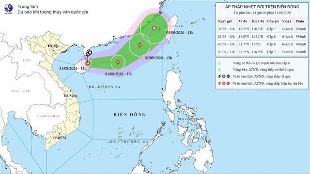 Tin áp thấp nhiệt đới trên biển Đông (Tin phát lúc 14h00 ngày 31/08/2026)