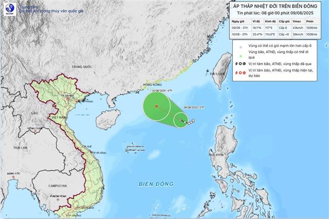 Tin áp thấp nhiệt đới trên biển Đông (Tin phát lúc 08h00 ngày 09/08/2025)