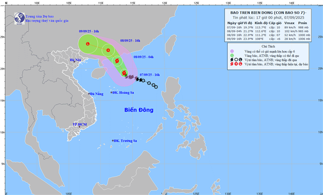 Tin bão trên biển Đông (Cơn bão số 7 - Tin phát lúc 17h00 ngày 07/09/2025)
