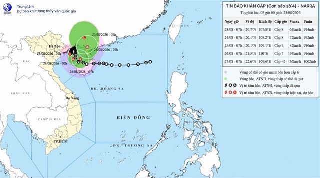Tin bão khẩn cấp (Cơn bão số 4) (Tin phát lúc 08h00 ngày 23/08/2026)