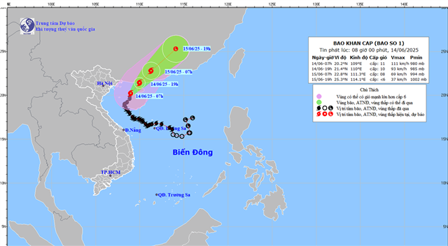 Tin bão khẩn cấp - Cơn bão số 01 (Tin phát lúc 08h00 ngày 14/06/2025)