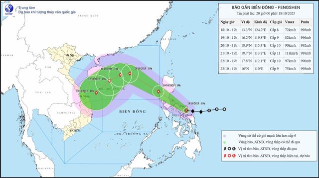 Tin bão gần biển Đông ( Cơn bão FENGSHEN - Tin phát lúc 20h00 ngày 18/10/2025)