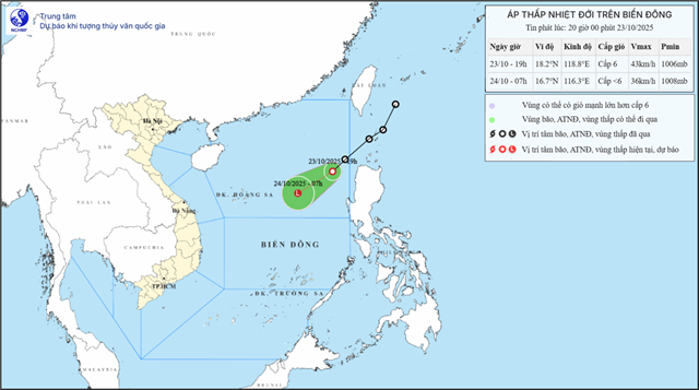 Tin áp thấp nhiệt đới trên biển Đông (Tin phát lúc 20h00 ngày 23/10/2025)