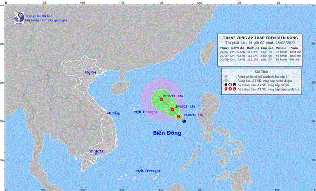 Tin về Vùng Áp Thấp trên Biến Đông (tin phát lúc 14h00 ngày 28/6/2022)