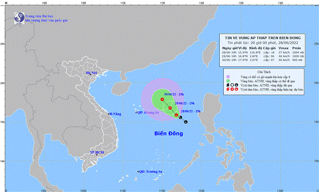Tin về Vùng Áp Thấp trên Biến Đông (tin phát lúc 20h00 ngày 28/6/2022)