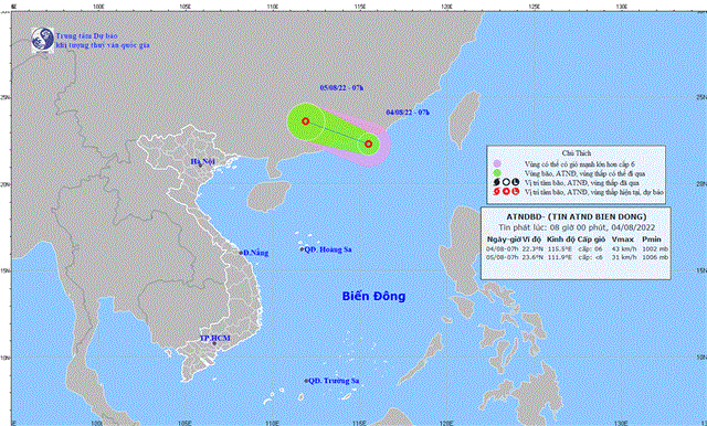 Tin áp thấp nhiệt đới trên Biển Đông (tin phát lúc 08h00 ngày 04/8/2022)