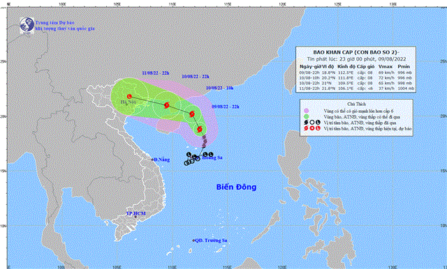 Tin bão khẩn cấp (Cơn bão số 2) (Tin phát lúc 23h00 ngày 09/8/2022)