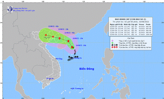 Tin bão khẩn cấp (Cơn bão số 2) (Tin phát lúc 02h00 ngày 10/8/2022)