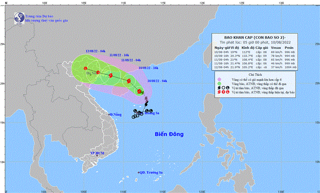 Tin bão khẩn cấp (Cơn bão số 2) (Tin phát lúc 05h00 ngày 10/8/2022)