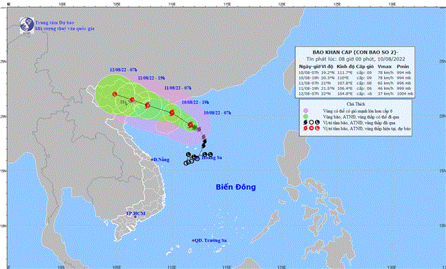 Tin bão khẩn cấp (Cơn bão số 2) (Tin phát lúc 08h00 ngày 10/8/2022)