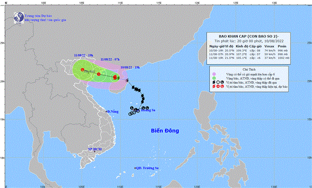 Tin bão khẩn cấp (Cơn bão số 2) (Tin phát lúc 20h00 ngày 10/8/2022)