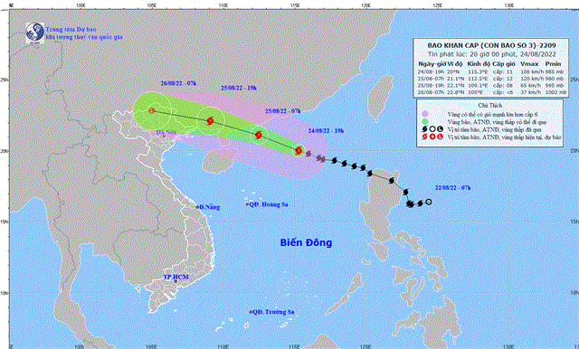 Tin bão khẩn cấp (Cơn bão số 3) (Tin phát lúc 20h00 ngày 24/8/2022) 