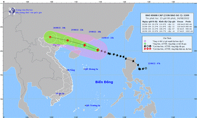 Tin bão khẩn cấp (Cơn bão số 3) (Tin phát lúc 23h00 ngày 24/8/2022)