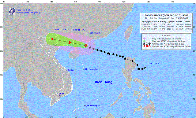 Tin bão khẩn cấp (Cơn bão số 3) (Tin phát lúc 08h00 ngày 25/8/2022)