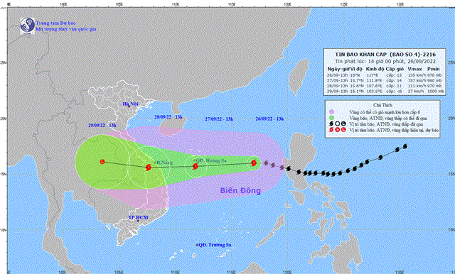 Tin bão khẩn cấp (Cơn bão số 4) (Tin phát lúc 14h00 ngày 26/9/2022)