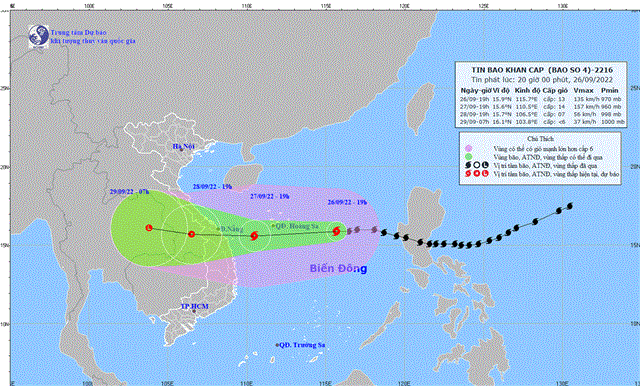 Tin bão khẩn cấp (Cơn bão số 4) (Tin phát lúc 20h00 ngày 26/9/2022)