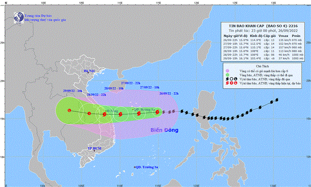 Tin bão khẩn cấp (Cơn bão số 4) (Tin phát lúc 23h00 ngày 26/9/2022) 