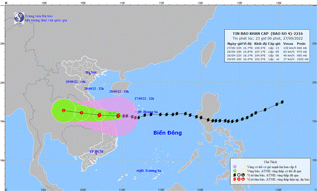 Tin bão khẩn cấp (Cơn bão số 4) (Tin phát lúc 23h00 ngày 27/9/2022)