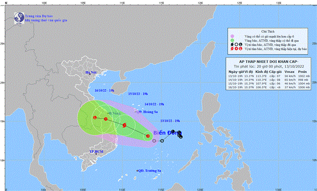 Tin áp thấp nhiệt đới khẩn cấp (Tin phát lúc 20h00 ngày 13/10/2022)