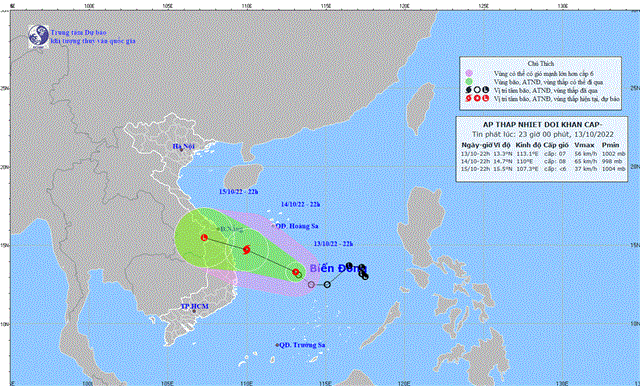 Tin áp thấp nhiệt đới khẩn cấp (tin phát lúc 23h00 ngày 13/10/2022)