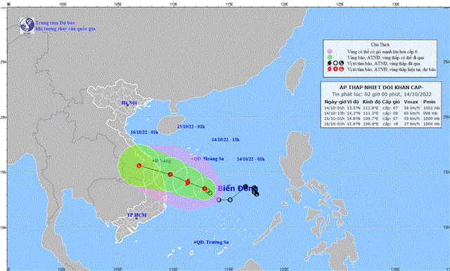 Tin áp thấp nhiệt đới khẩn cấp (tin phát lúc 02h00 ngày 14/10/2022)