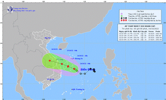 Tin áp thấp nhiệt đới khẩn cấp (tin phát lúc 05h00 ngày 14/10/2022)
