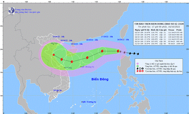 Tin bão trên Biển Đông (Cơn bão số 6) (Tin phát lúc 17h00 ngày 16/10/2022)