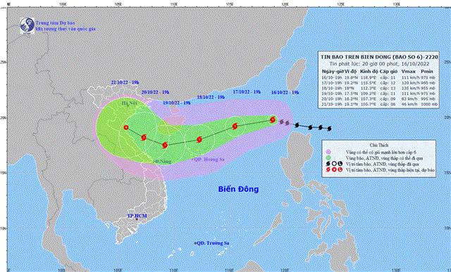 Tin bão trên Biển Đông (Cơn bão số 6) (Tin phát lúc 20h00 ngày 16/10/2022)