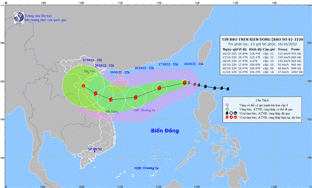 Tin bão trên Biển Đông (Cơn bão số 6) (Tin phát lúc 23h00 ngày 16/10/2022)