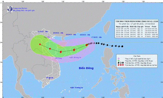 Tin bão trên Biển Đông (Cơn bão số 6) (Tin phát lúc 17h00 ngày 17/10/2022)