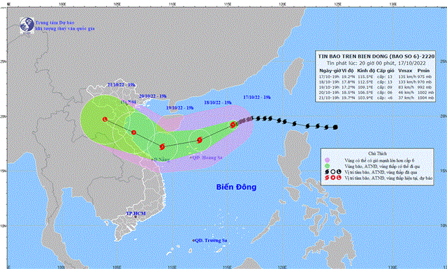 Tin bão trên Biển Đông (Cơn bão số 6) (Tin phát lúc 20h00 ngày 17/10/2022)