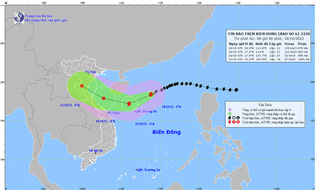 Tin bão trên Biển Đông (Cơn bão số 6) (Tin phát lúc 08h00 ngày 18/10/2022)