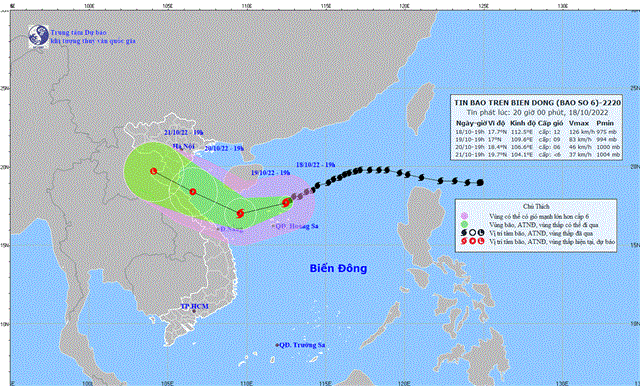 Tin bão trên Biển Đông (Cơn bão số 6) (Tin phát lúc 20h00 ngày 18/10/2022)