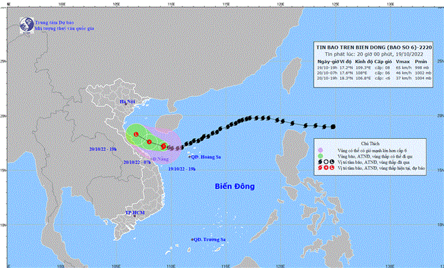 Tin bão trên Biển Đông (Cơn bão số 6) (Tin phát lúc 20h00 ngày 19/10/2022)