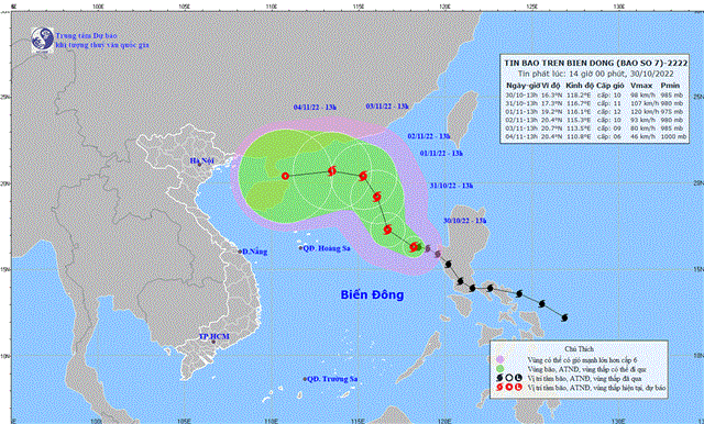 Tin bão trên Biển Đông (Cơn bão số 7) (Tin phát lúc 14h00 ngày 30/10/2022)