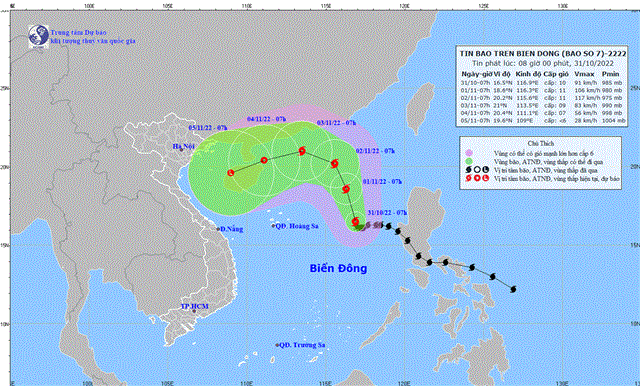 Tin bão trên Biển Đông (Cơn bão số 7) (Tin phát lúc 08h00 ngày 31/10/2022)