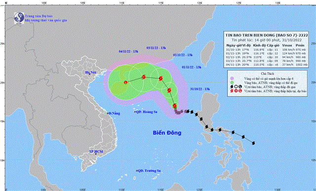 Tin bão trên Biển Đông (Cơn bão số 7) (Tin phát lúc 14h00 ngày 31/10/2022)